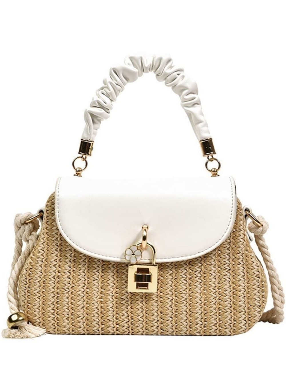 Woven Straw Crossbody Bag Leather Flap Top Handle